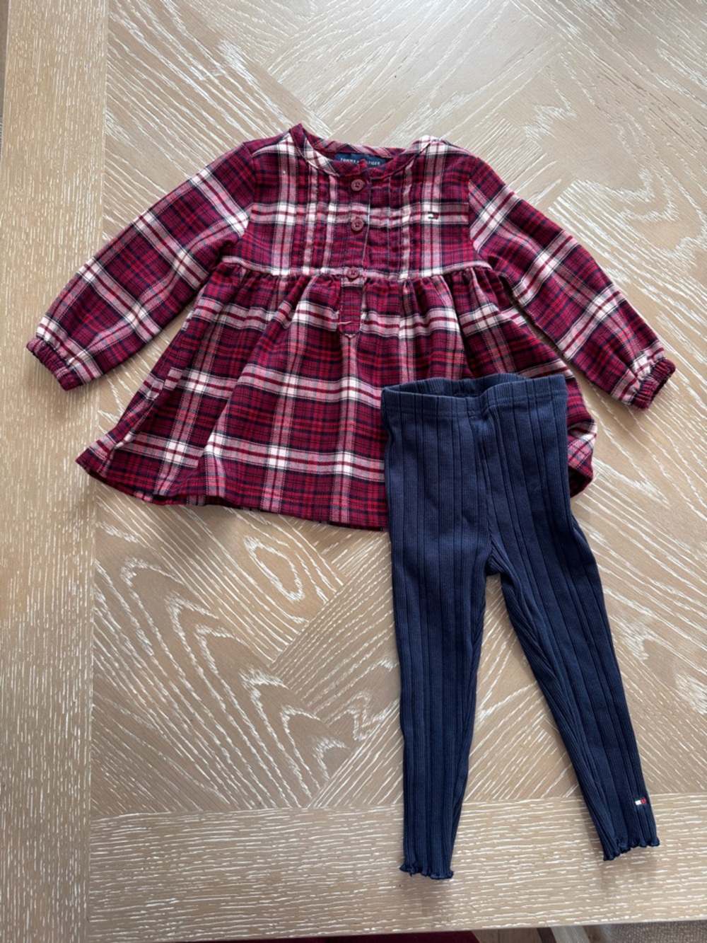 Tommy Hilfiger Red Plaid Top with Navy Ribbed Leggings Kids Matching Set